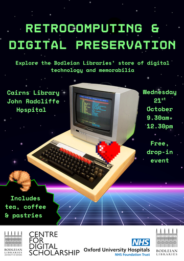 Retrocomputing and digital preservation event poster featuring a BBC Micro computer with a heart