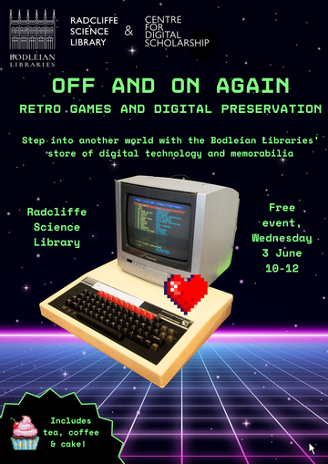 Poster for the Off and On again event featuring a BBC micro and screen floating with stars in the background