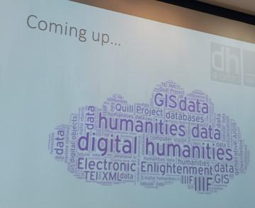 A lecture slide showing a word cloud - the phrases GIS data, humanities data, digital humanities, Electronic Enlightenment and IIIF are most prominent